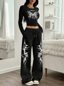 Women's Slim Fit Round Neck Long Sleeve Top + Casual Straight Leg Sport Pants Set, Gothic Print, Loose-Fitting, All Seasons