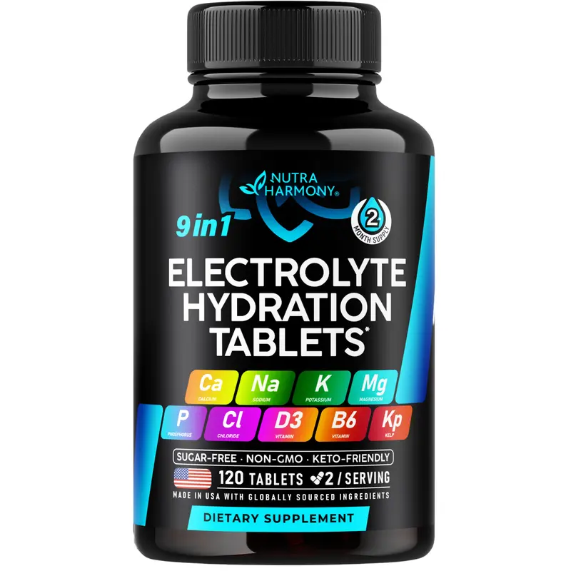 NUTRAHARMONY Electrolyte Tablets with Magnesium, Sodium, Potassium, Chloride, Vitamins D3 & B6, Kelp Powder - Salt Pills - Made in USA - Vegan & Keto Friendly - 120 Tabs