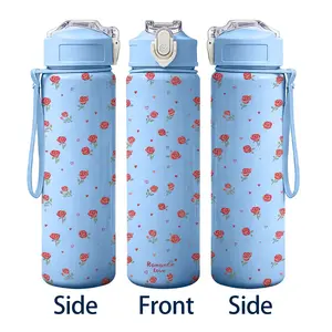 750ML Rose Print Water Bottle, BPA-Free Plastic Sports Bottle, Flip Top Lid & Strap, Leakproof Floral Travel Bottle, Ideal Gift