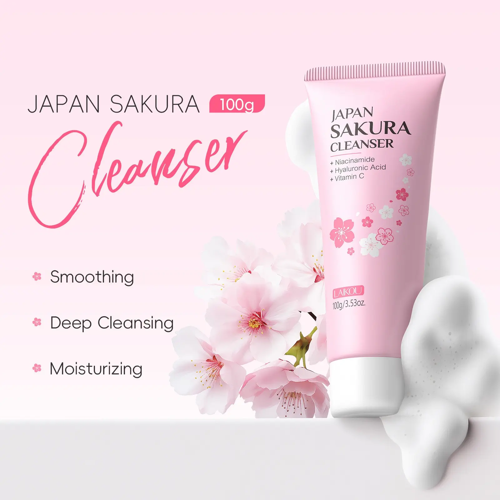 Sakura Face Wash 100ml - Japanese Cherry Blossom Deep Cleansing Foam - Gentle Pore Purifying Daily Cleanser - Refreshing Non-Stripping Formula - All Skin Types Foaming Cleanser - Facial Foam Cleanser