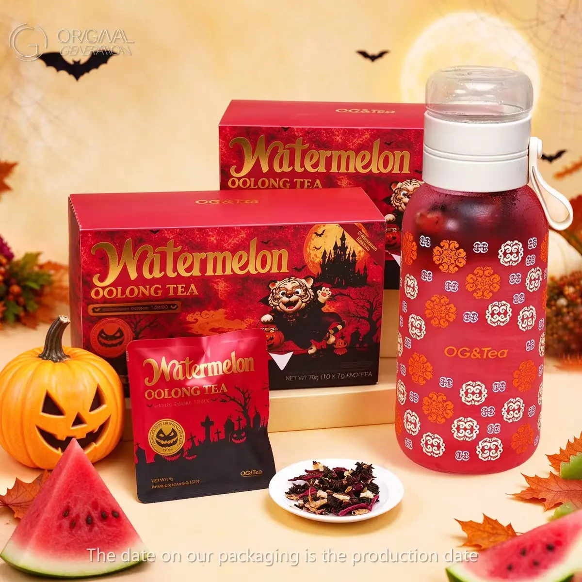 OG | Halloween Limited Edition Watermelon Oolong Tea · 25% More Flavor · 6 Real Fruits + Whole Leaf Oolong Tea · 70g/Carton (7g × 10 Packs) · with Watermelon Dragon Fruit Strawberry Apple Dried Plum Snow Pear