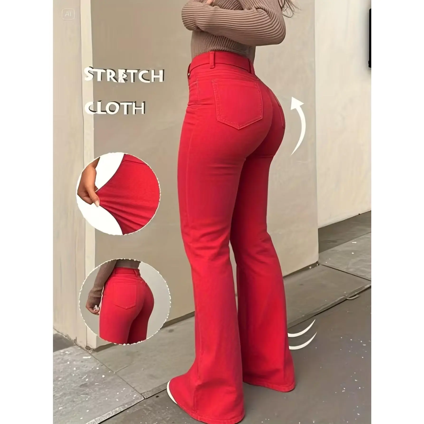 Women's Flare Jeans in Red, Vintage High-Waist Bell Bottom Style, Plain Cotton Stretch Fabric, Full Length with Utility Pockets, Vintage Flare Look, Woven, Stretchy Flare Jeans, Vintage Jeans Style