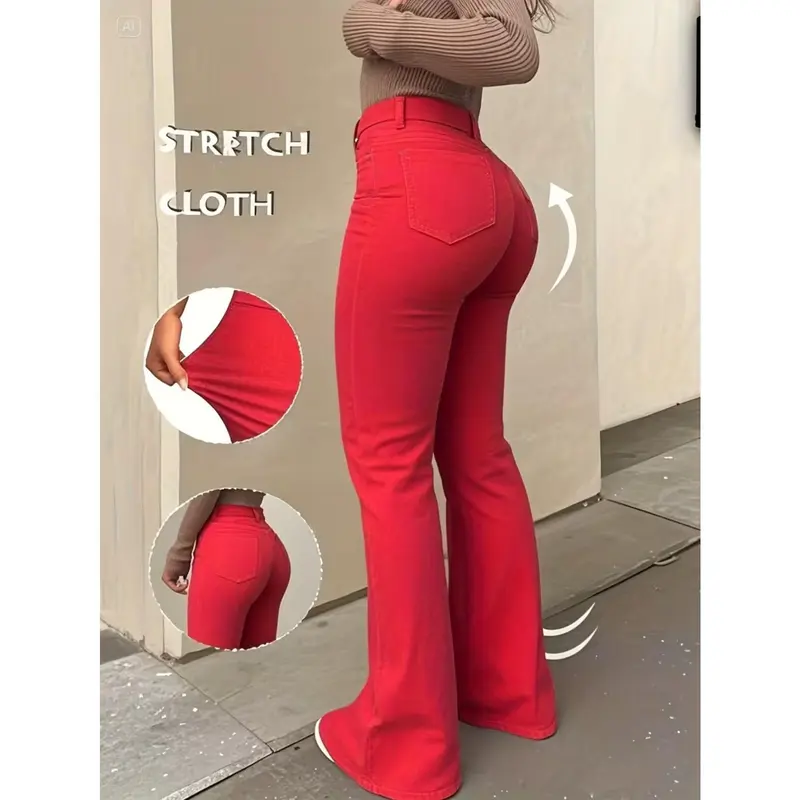 Women's High-Waist Flare Jeans -Stretch Denim Bell Bottoms withPockets, Vibrant Red, Comfortable & Stylish for All Seasons