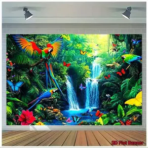 2D Flat Banner Polyester Photography Backdrop, HD Digitally Printed Soft Lightweight Foldable Background Cloth with Vibrant Jungle Rainforest Waterfall, Colorful Parrots and Butterflies for Studio Photo Shoots, Birthday Parties, E