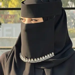Women's Fashion Casual Plain Rhinestone Tie-On Mask, Soft Breathable Single Layer Silk Veil, Niqab, Islamic Khimar, Abaya Companion, For Muslim, All Seasons