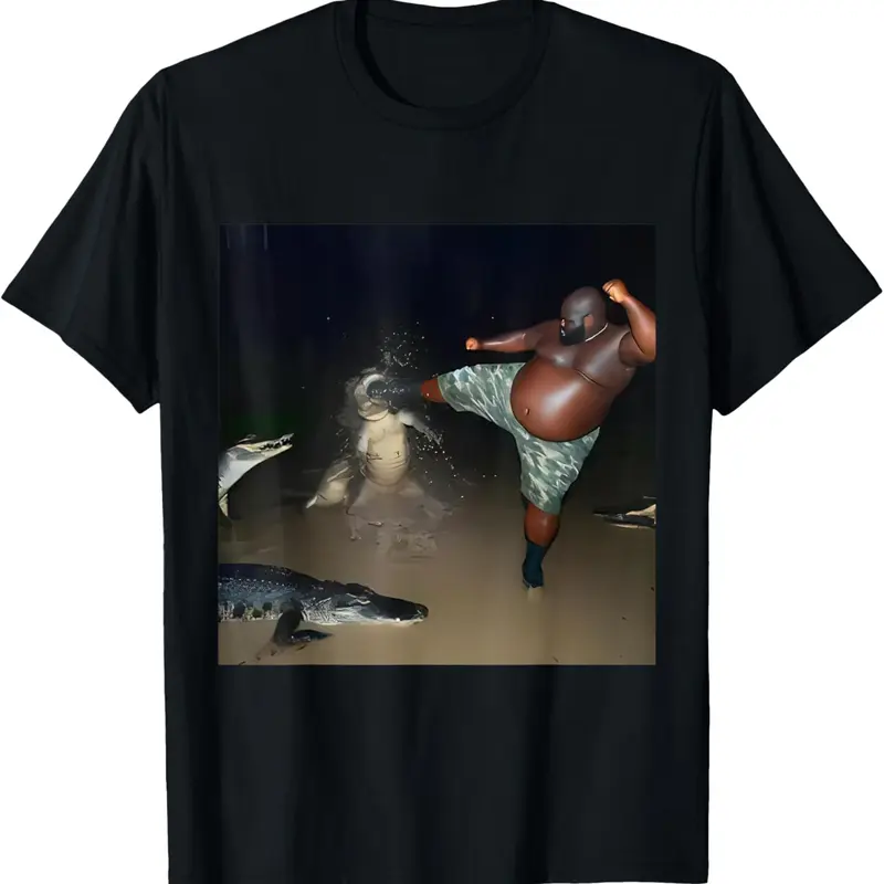 100% Cotton Man Kick Alligator In Swamp Funny Oddly Specific Meme T-Shirt
