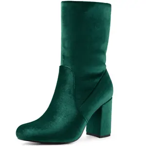 BLISSFUL STEP Velvet Sock Boot Round Toe Block Heels Foldable Mid Calf Boots