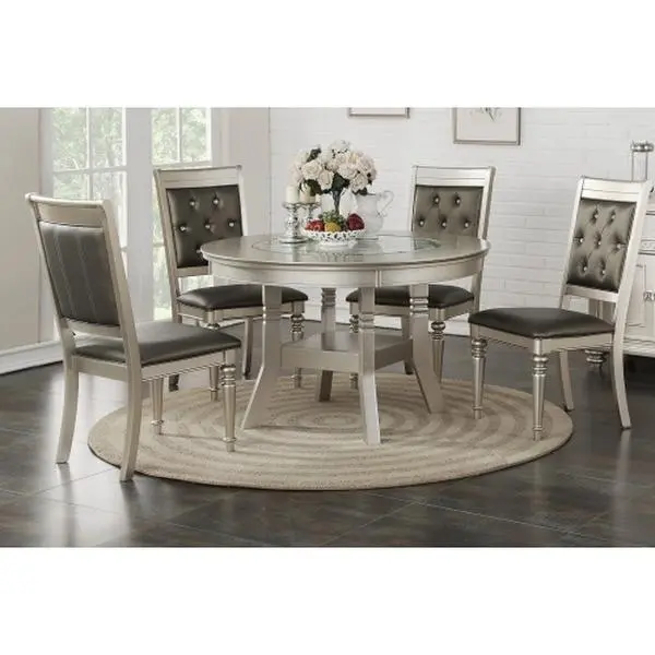 Classic Formal Silver 5pc Dining Set Traditional Round Dining Table And 4x Chairs Upholstered Chair