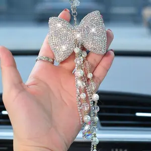 Car Rear View Mirror Pendant Bling Crystal Decor Hanging Bowknot Accessories