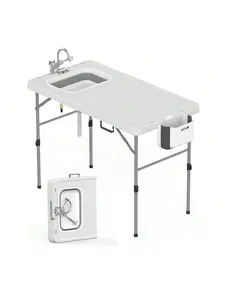 Foldable Fish Cleaning Table, Portable Camping Table With Sink & Fish Cleaning Kit, Folding Fillet Cleaning Station With Faucet & Sprayer For Camping, Patio, Kitchen, Beach, Dock & Patio