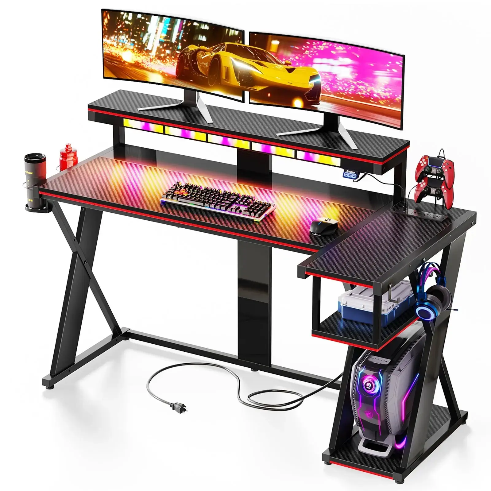 57-inch L-shaped Gaming Desk with RGB Music Sync Lights, 3 AC Outlets & Dual Cup Holders, Black