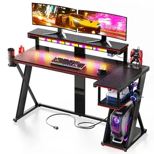 57-inch L-shaped Gaming Desk with RGB Music Sync Lights, 3 AC Outlets & Dual Cup Holders, Black