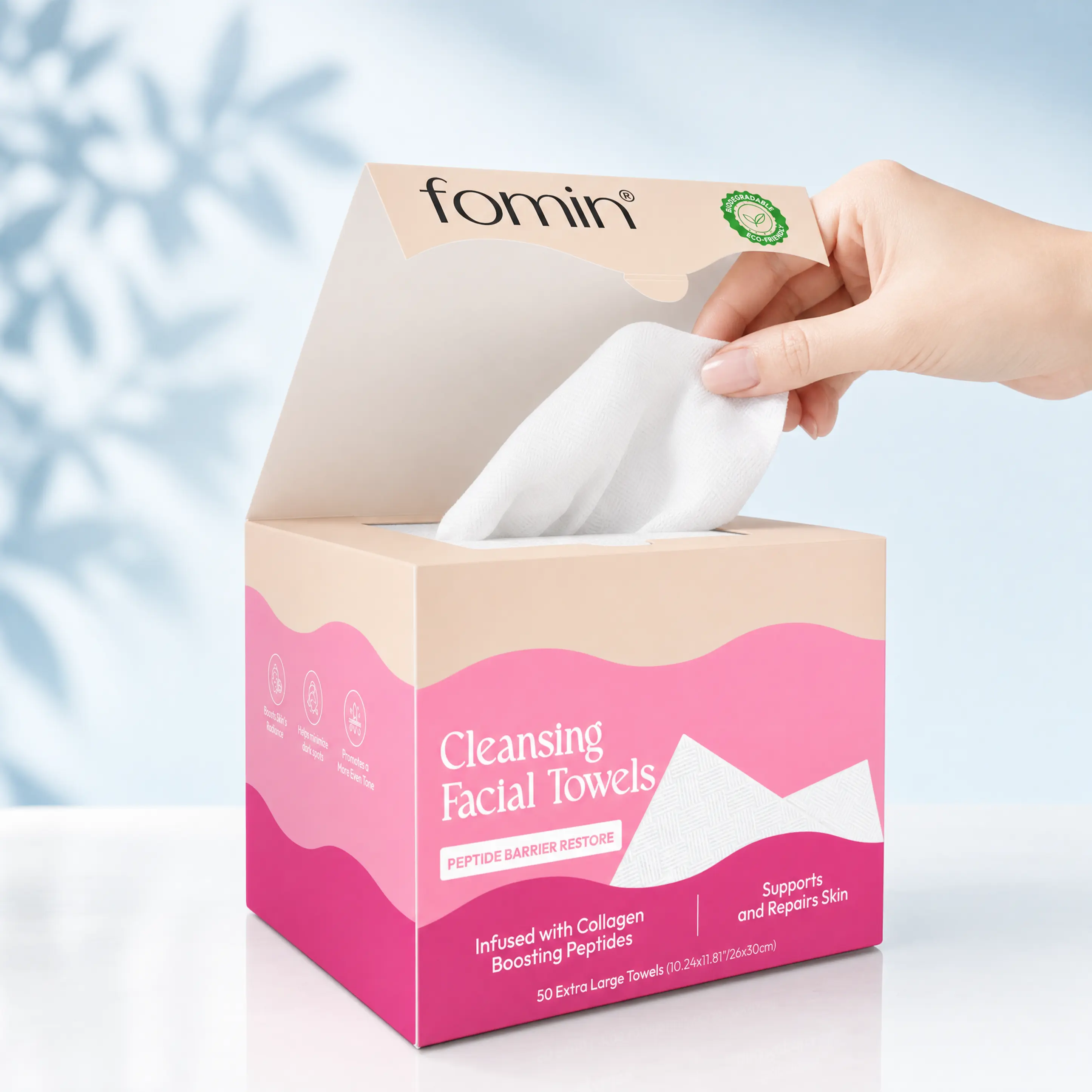 Fomin Peptide Barrier Restore Cleansing Facial Towels with Collagen Boosting Peptides, Extra Large, 50-Count | Dermatologist Approved | Eco-Friendly