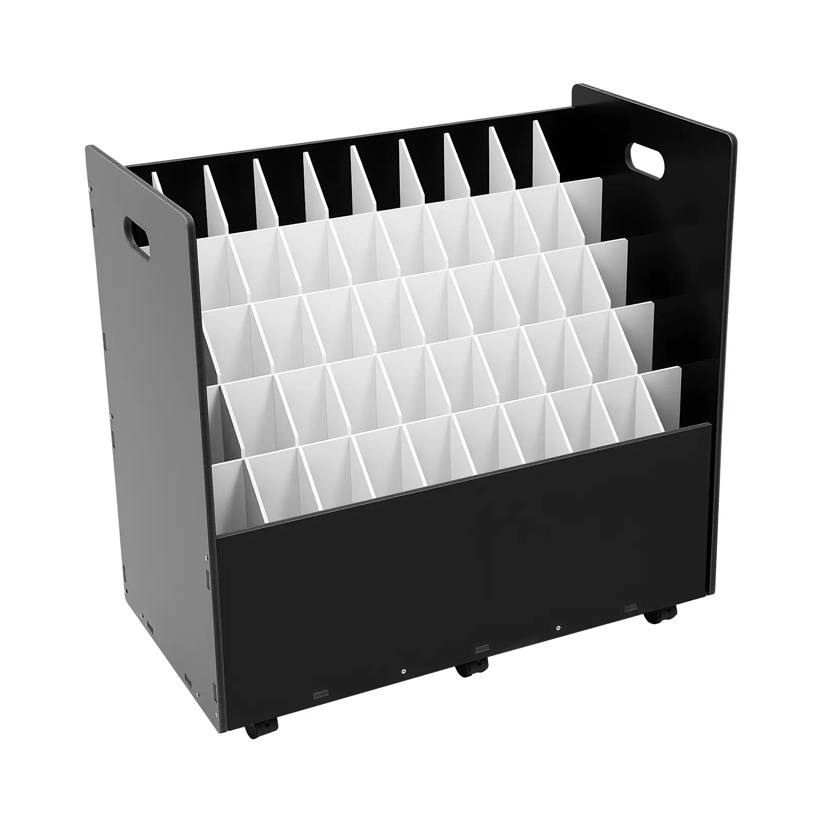 Modern 50-compartment roll-up file organizer made of PVC rubber, black, with co-injection molding. Freestanding and assembleable, featuring 6 lockable omnidirectional wheels. Large-capacity storage solution for drawings and photography equipment.