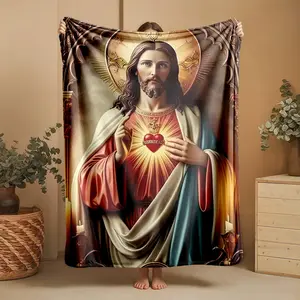 The Sacred Heart of Jesus and the Radiance of Religious Faith themed Flannel Blanket, Flannel Blankets - Flannel blanket, modern style, suitable for sofas and beds, all-season use, soft and warm, digital print design, 100% polyester