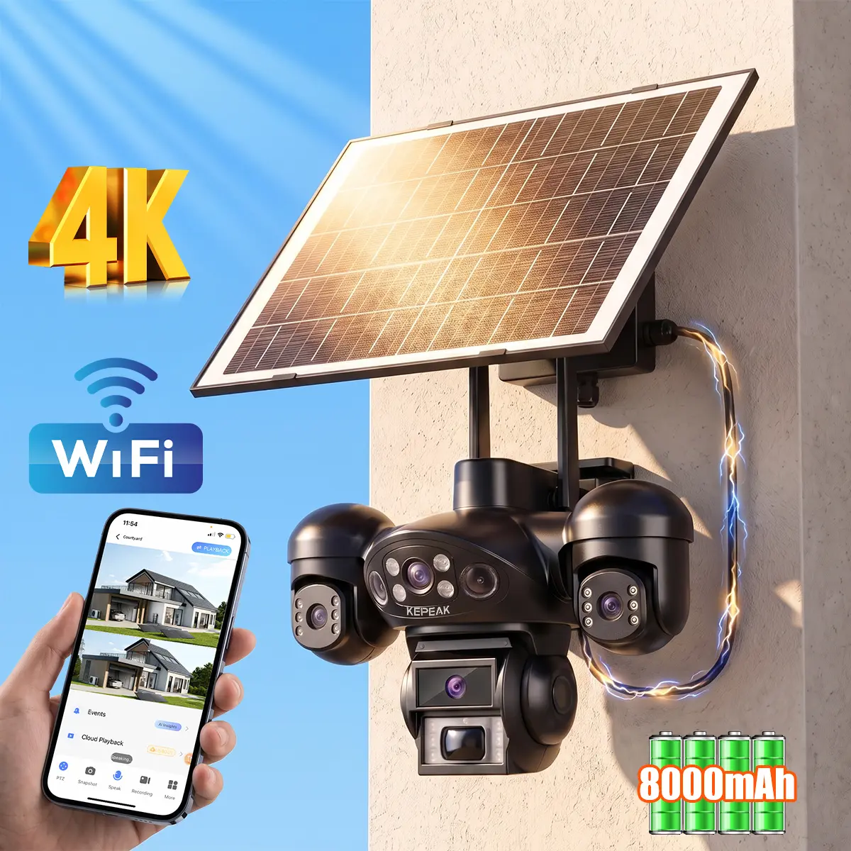 Outdoor Triple‑Lens 4K Solar Security Camera Three‑Angle Monitoring 8000‑mAh Large Battery Solar Power IP66 Waterproof Home Yard Driveway Garage Wireless Security Camera