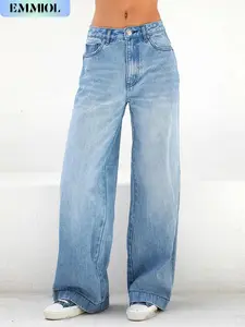 EMMIOL Denim Jeans for Women Y2K 90S 4 Traditional Pockets Loose Fit Baggy Style 90s Brand Casual Denim Pants for Women Streetwear Light Blue Basic Minimalist All Seasons