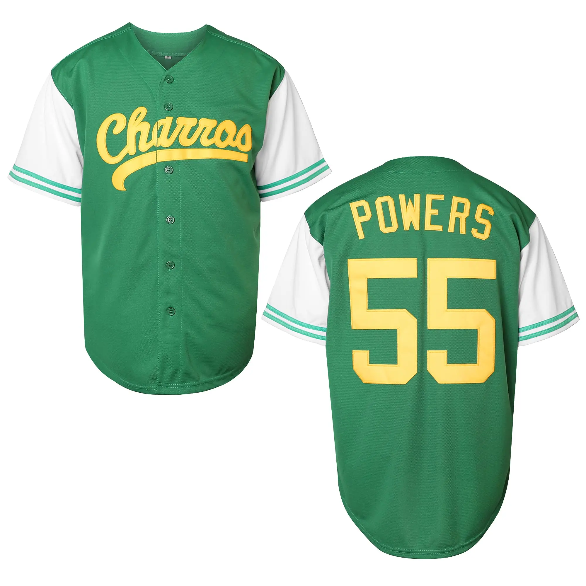 Men's #55 Charros Kenny Powers Myrtle Beach Baseball Jersey - Retro Green with Yellow & White Stripes, V-Neck, Short Sleeve, Polyester, Machine Washable for Casual, Sports & Training Wear Christmas gifts