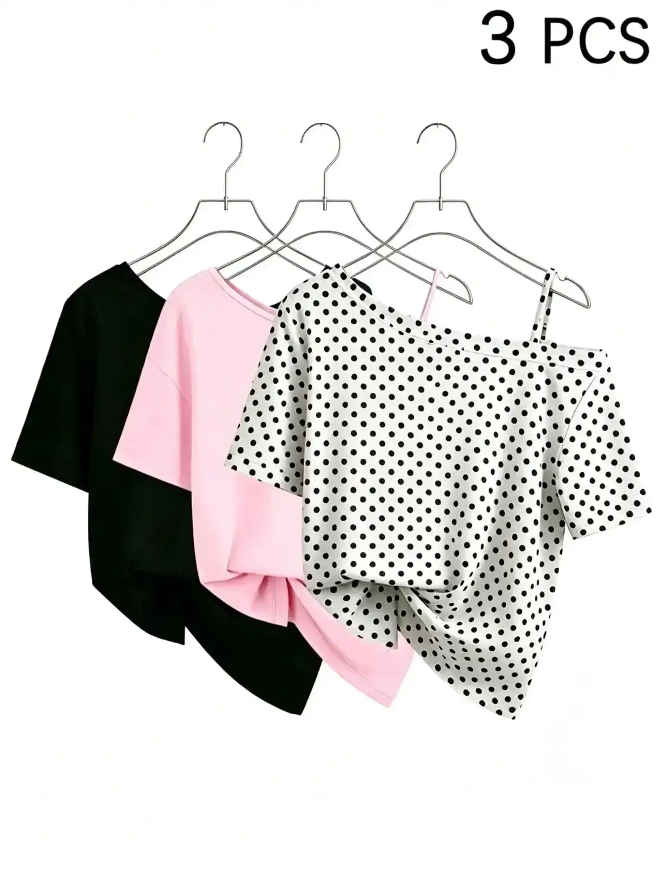 3-Pack Casual Chic Tees for Summer, Solid, Polka Dot Off-Shoulder, Asymmetrical Neckline, Loose Fit, All Seasons essentials street style aesthetic basics stylish versatile flattering