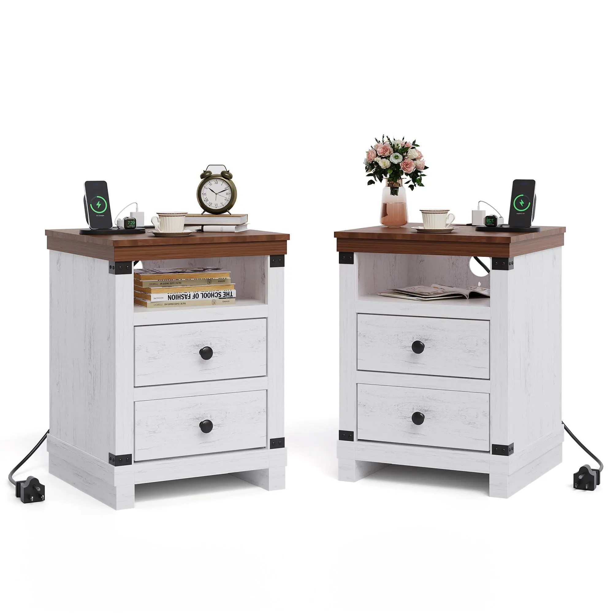 2-Piece Sturdy Rustic Farmhouse White Nightstands - 2 Drawers, 60 lbs Capacity, USB Ports, AC Outlets, 18.11" Wide Bedroom Bedside Table with Storage & Charging Station, Indoor Accent Side Table, Side Tables