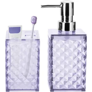 2 PCS Purple Bathroom Accessories Set Includes Soap Dispenser and Toothbrush Holder, Diamond Pattern for Boho Bathroom Decor