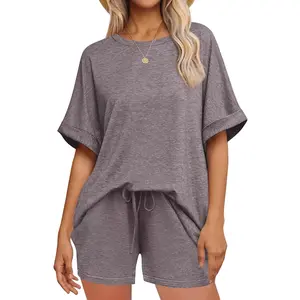 Renaishow Plus Size Womens 2 Piece Lounge Sets Oversized Short T-shirts Rolled cuffs Drawstring Shorts Pajamas Summer Outfits