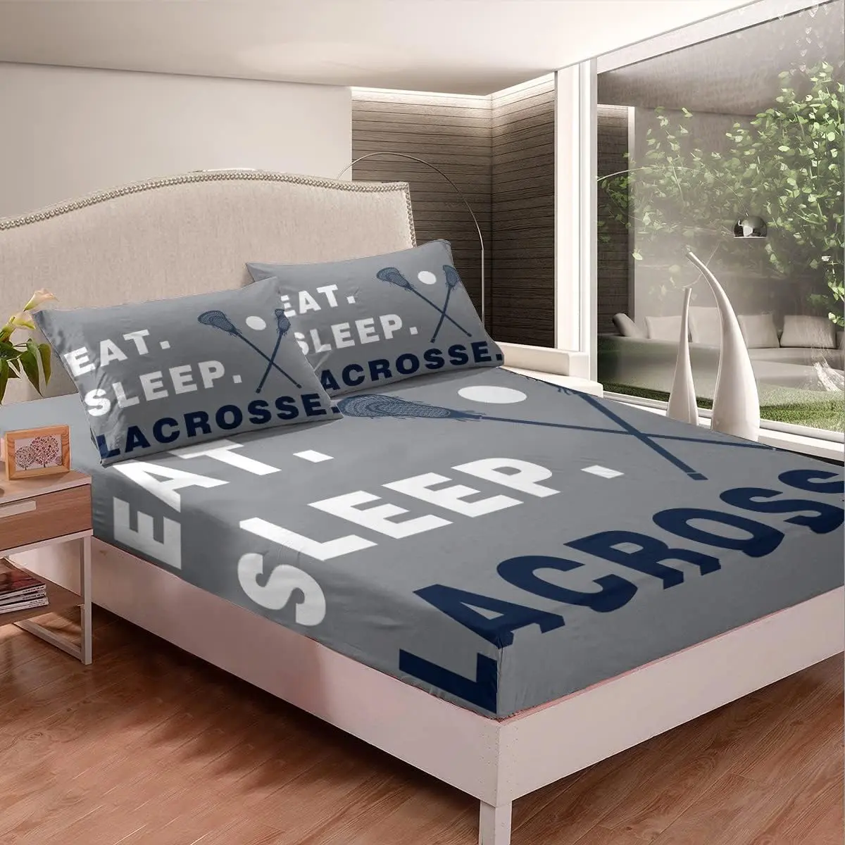 Feelyou Lacrosse Themed Decorative Bedding Set - Deep Pocket Gray Graphic Fitted Sheet, Bedding Sheets for Lacrosse Players' Room Accessories