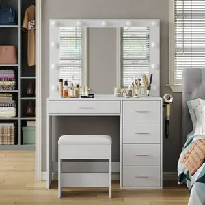 White Vanity Desk with Lighted Mirror, 3-Color Adjustable Lighting Makeup Table, Multifunctional Vanity Table Set with Drawers and Built-In Power Outlet for Women Girls Bedroom Home Decor