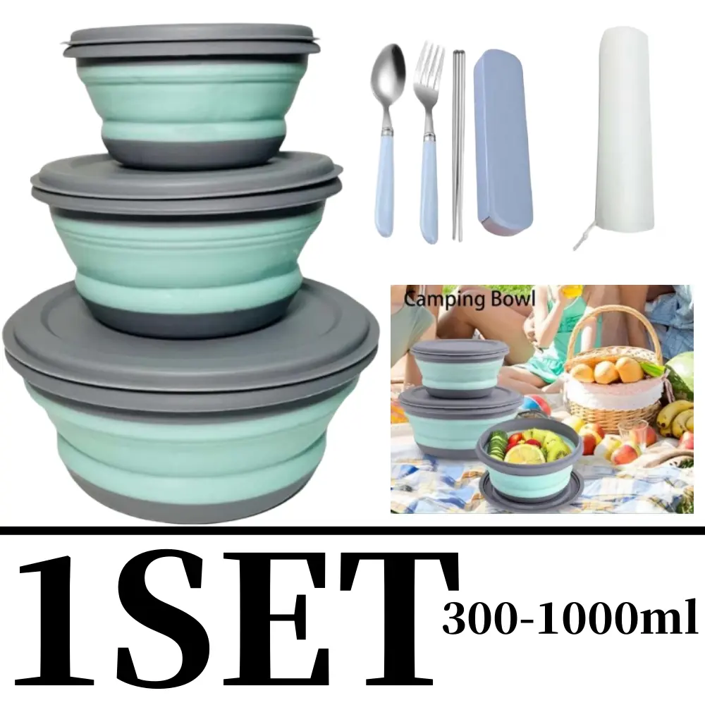 Collapsible Silicone Bowls Set, 3-Piece Food-Grade Containers with Lids, Folding Cup & Cutlery for Camping, Hiking, and Lunch Boxes, Silicone Cutlery