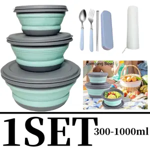 1 SET Camping Folding Bowls, A Set of Three Food-Grade Silicone Collapsible Bowls for Lunch Boxes and Salad, with Lids, Expandable Food Storage Containers, and Free Folding Utensils