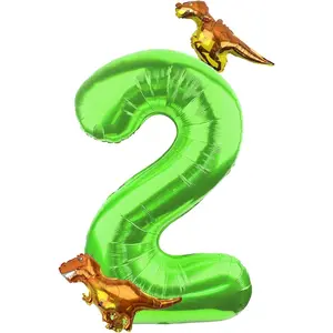 Dinosaur Number 2 Ballloon, 40 Inch Green Number 2 Balloon, Mini Dino Foil Balloons Dinosaur Balloons for Kid Dino Theme Jungle 2nd Birthday Shower Party Decorations