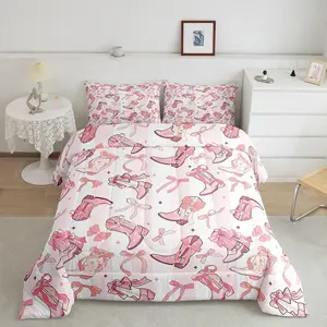 Cowgirl Boots Comforter Set,Western Starry Pink White Stripes Patchwork Bedding Set for Kids Teens Bedroom,Cartoon Princess Style Pink Bowknots Quilt Set