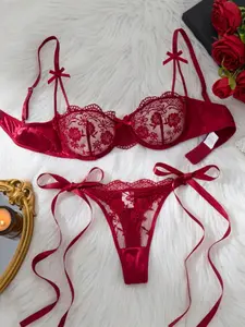 Lovingerie Wine Red Floral Lace Lingerie Set For Women 2 Pieces, Strappy, Underwire Half Cup Bra With Adjustable Strap Bow And Matching T Back Thong Panty, Sheer Mesh Embroidery Satin Trim Intimate Sleepwear Nightwear, Romantic Seductive Boudoir Outfit