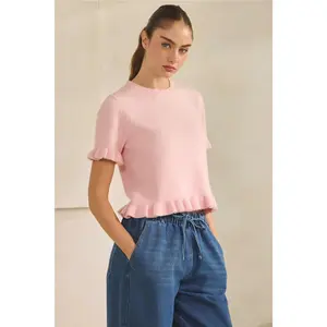 Cute  Cotton blend short sleeve top with ruffle details Lightweight Knit