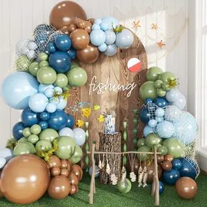 149-Piece Fishing Blue & Sage Green Balloon Arch Kit with Light Blue, Brown & Gray for Parties
