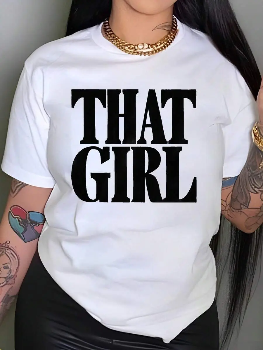 Women's White Graphic T-Shirt with Bold Lettering, Casual 100% Cotton Short-Sleeve Round Neck Top for Spring/Summer, Dry Clean