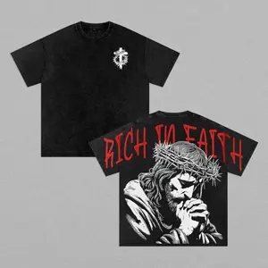 Rich In Faith - Jesus Pray T-Shirt Washed, Unisex Oversized Heavyweight Gym Pump Cover