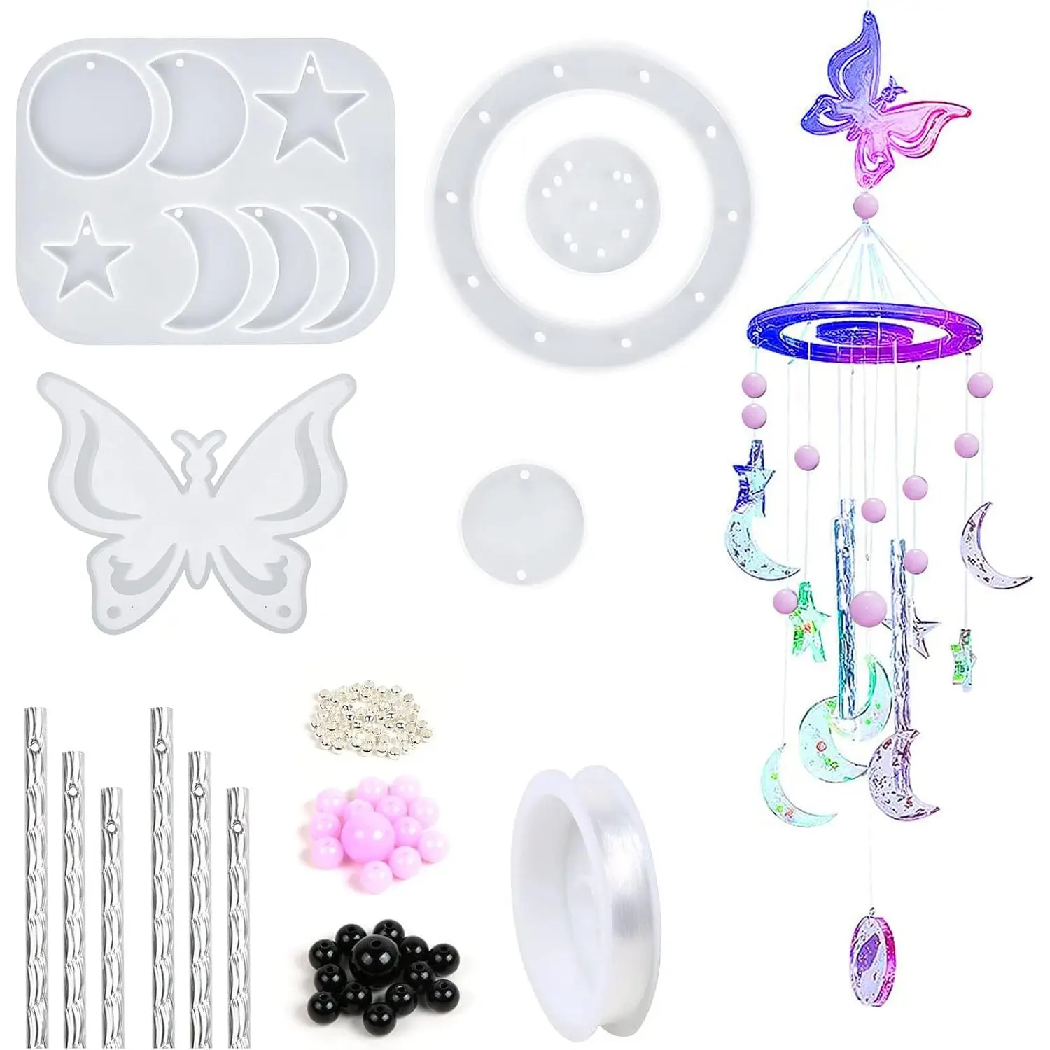 88-Pcs Butterfly Silicone Resin Molds Kit - 5 Silicone Molds for Crafts, Wind Chimes Casting, Moons, Crystal String, Whimsical Home Decor, Kit DIY, Crafting Supplies, Handmade Projects