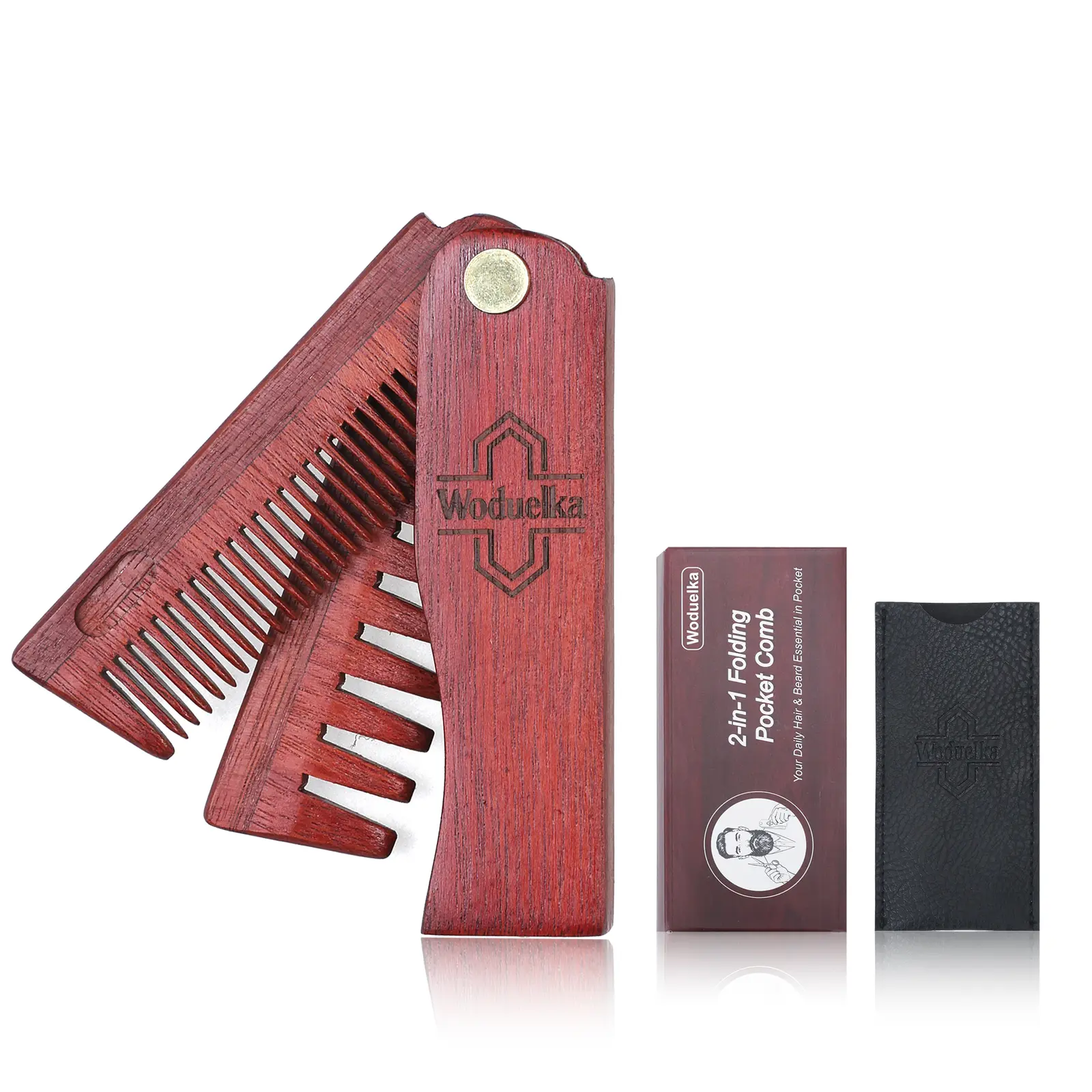 2 In 1 Folding Pocket Comb - Wooden Beard & Hair Styling Tool for Men, Fine Tooth & Wide Tooth Small Comb for Grooming Hair, Beards and Mustache for Outdoor Travel & Home Use