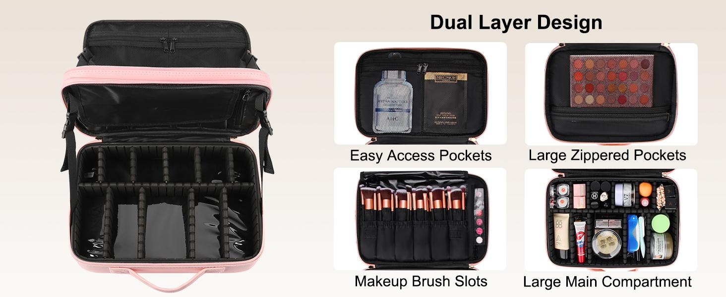 Travel Makeup Bag Cosmetic Bag Adjustable Dividers, Professional Cosmetic Artist Organizer,Makeup Organizer Bag Waterproof,Perfect Mother Gift For Friend& Family.
