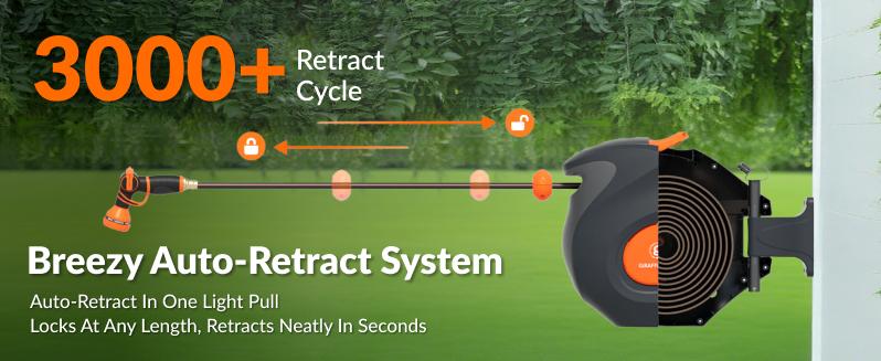 Giraffe Tools Retractable Garden Hose Reel 100FT Garden Water Hose Reel, Automatic Rewind System, 3-layer-hybrid hose, Lock at any lenghth Tangle-Free Kink-Free, 9-Pattern Nozzle, 180° Swivel Bracket Wall-Mounted