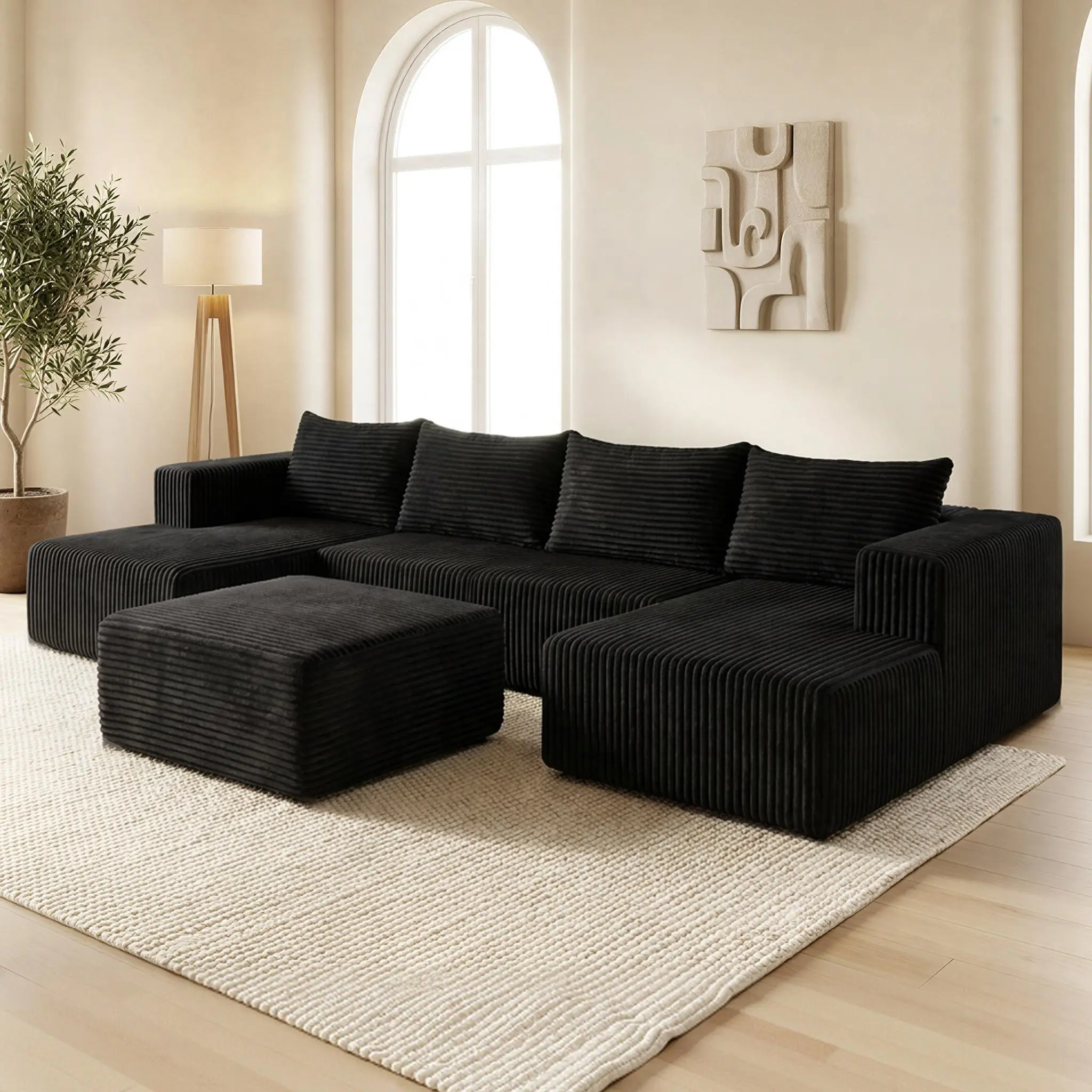 QIMENG Modular Boneless Sectional U-Shape Sectional Sofa Sets - 133" Corduroy Velvet Modular Double Chaise Boneless Couch, Memory Foam, Fixed Arms, Multi-Seat, Space-Saving for Indoor Living Rooms, No Assembly, 3-Package Shipping