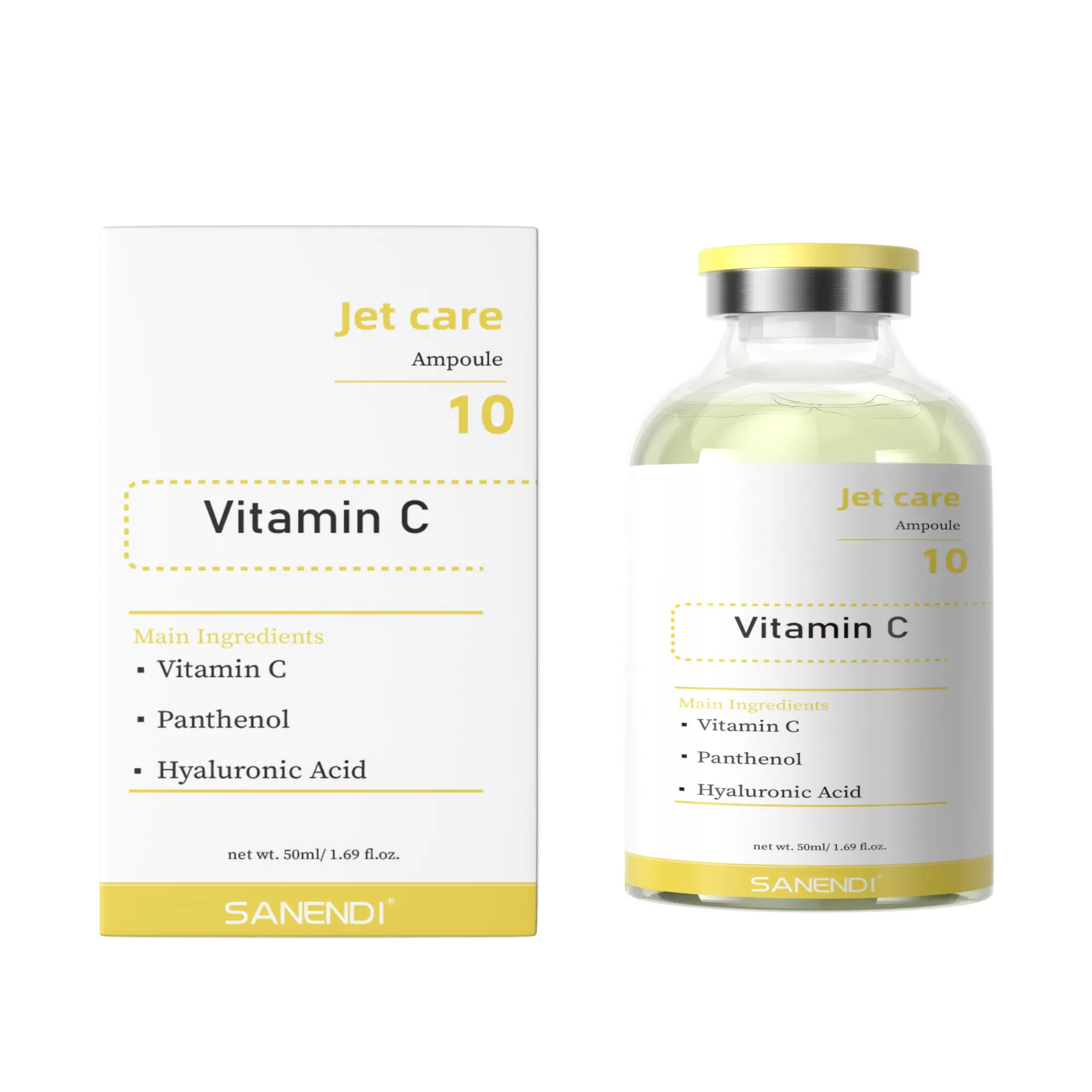 SANENDI Jet Care 10 Vitamin C Ampoule Serum, Brightening Antioxidant Booster with Hyaluronic Acid & Panthenol for Dull, Pigmented Skin - Professional Glass Ampoule, 50ml, Brightens Skin, Vitamin C Blend
