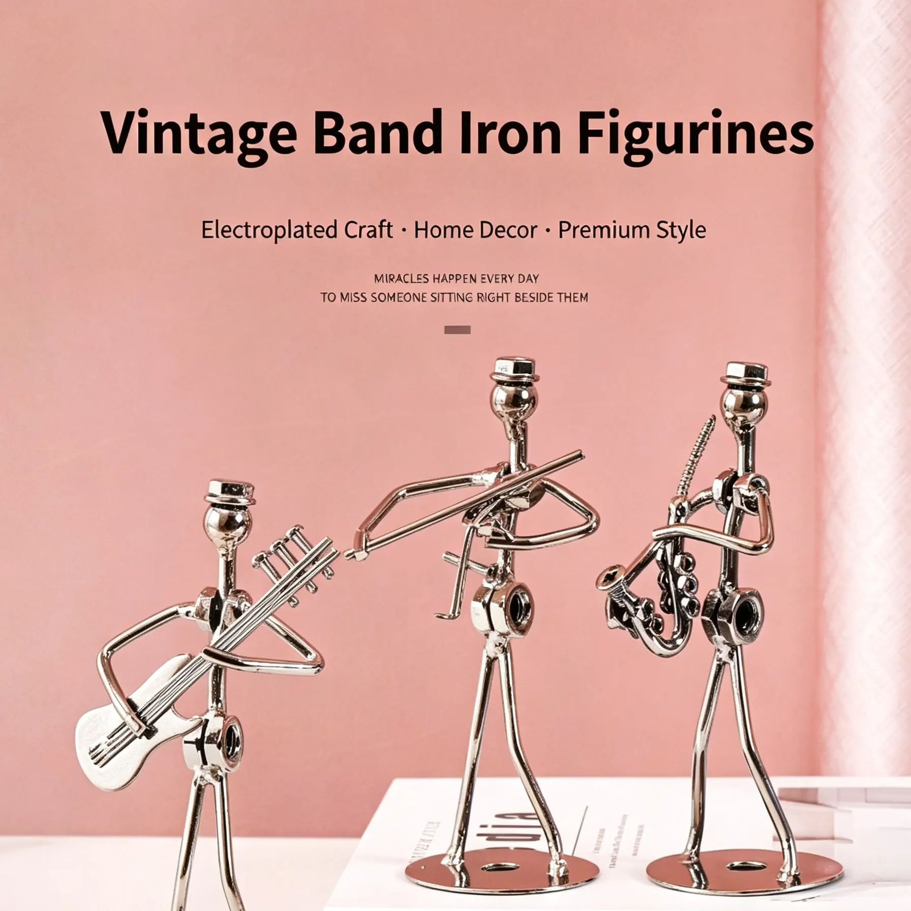 Metal Musician Figurine Decor, Electroplated Iron Band Player Statue, Hand‑Crafted Small Metal Art Ornament, Glossy Polished Surface, Retro Musical Sculpture For Shelf, Desk, Living Room And Office Tabletop Decoration
