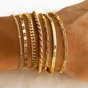 7count 14K Gold Plated Bracelets Sets for Women,Dainty Fashion Layered Cuban Link Chain Herringbone Paperclip Chain Bracelets Stack,Trendy Simple Stackable Gold Silver Bracelets Jewelry Gifts-USA