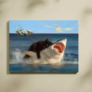[Sale off up to 65%][Free Ship][No Frame] Cat Riding Shark Pattern without Frame, 1 Count Funny Creative Animal Pattern Wall Art, Animal, Wall Decor for Home Living Room Bedroom, Ornaments