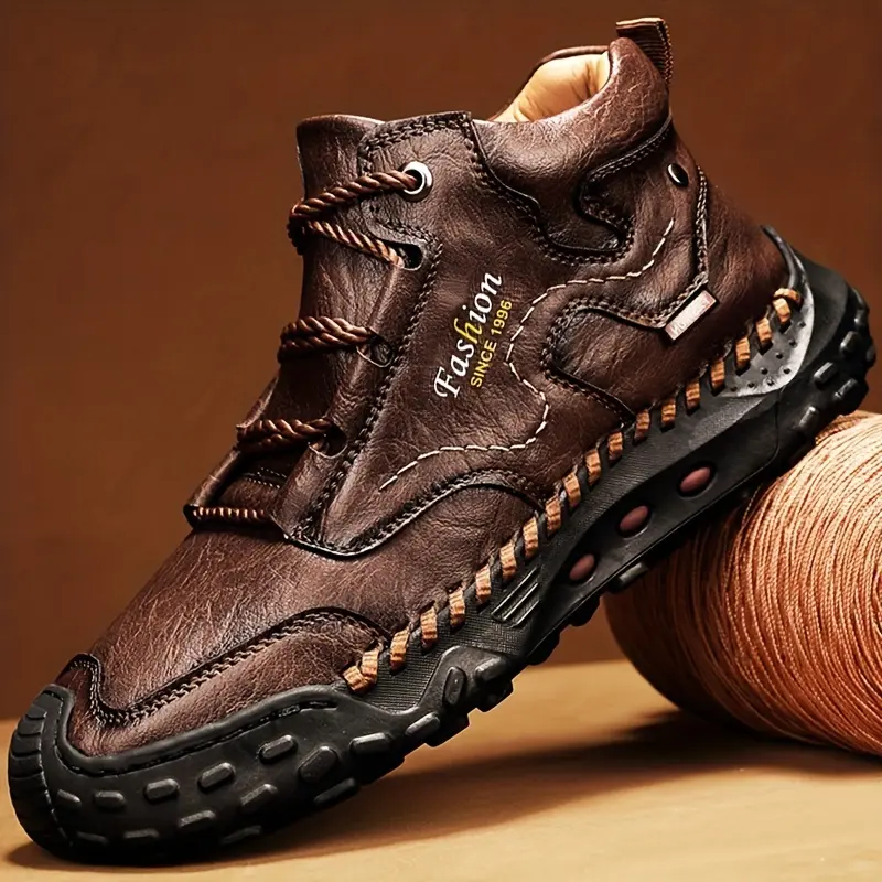 Mens SpoVintage Letters Print Lace Up Mid Top Sneakers  Durable Hiking Boots] Durable Lace-Up Men's High Top Boots - All-Season Microfiber Synthetic Shoes with Rubber Sole for Hiking & Outdoor Activities