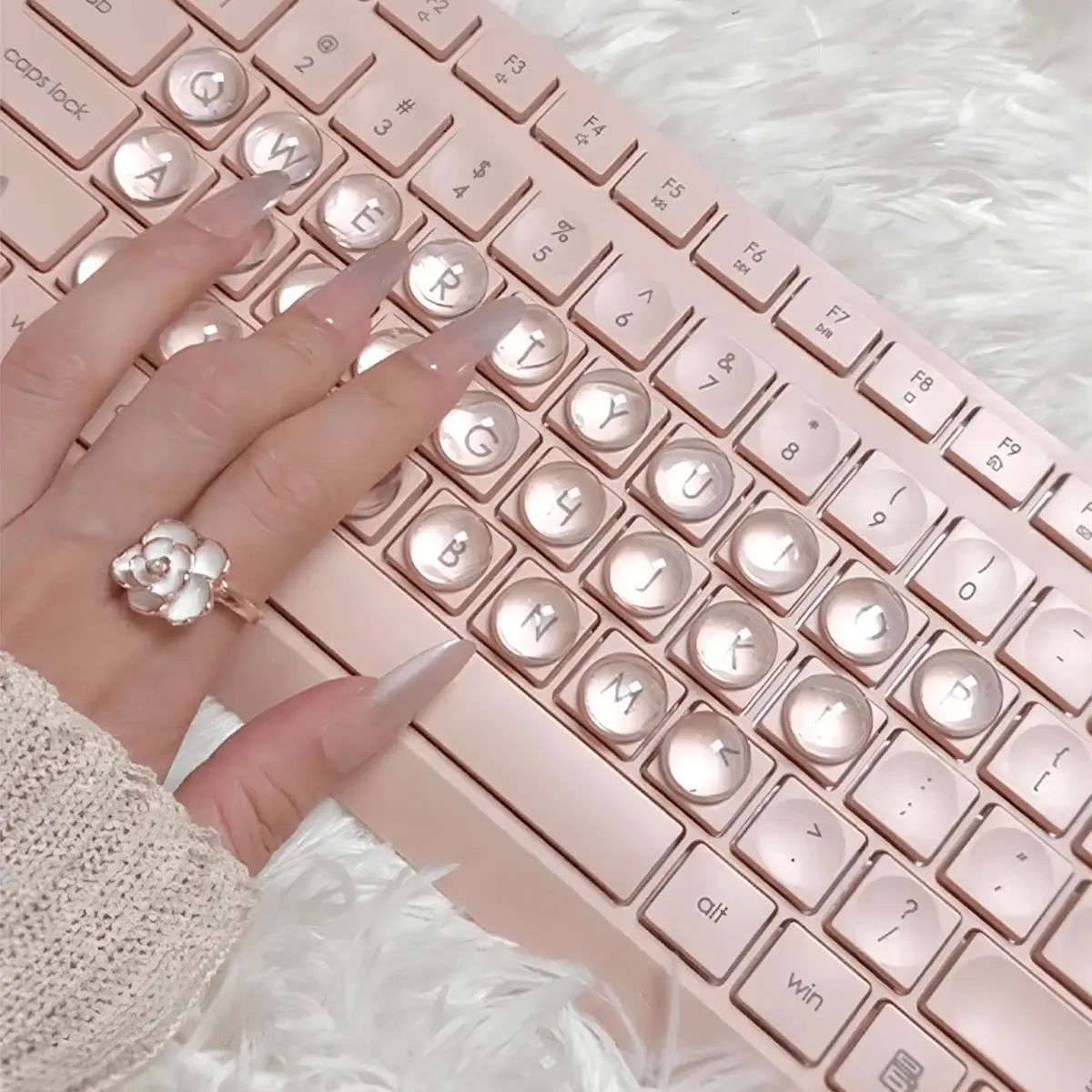64 long nail typing tools, transparent silicone keycaps with 3D stickers, providing clear and comfortable protection for long na Beige