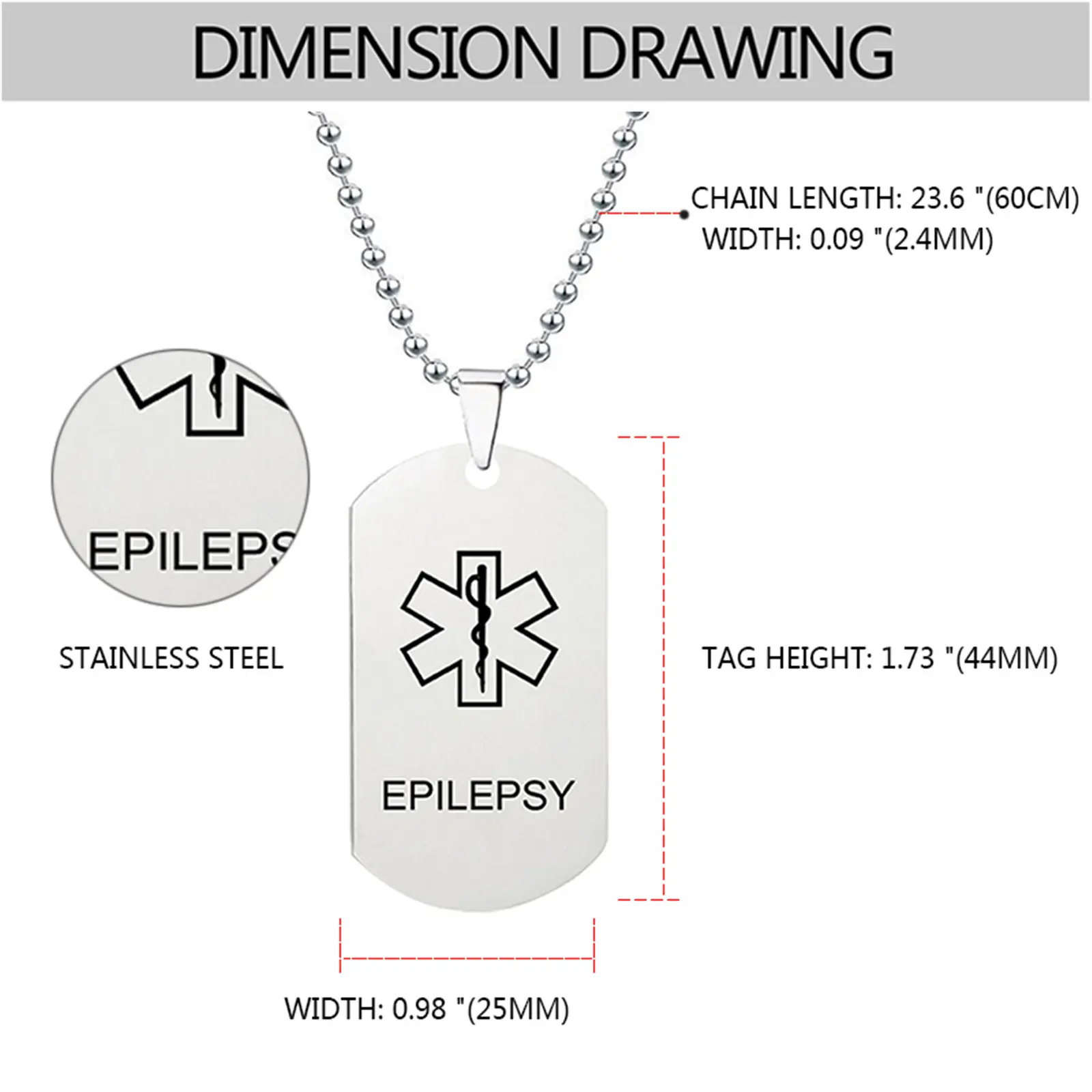OIDEA Unisex Hypoallergenic 304 Stainless Steel Medical ID Necklace, 60cm(23.6in) Chain, 1.73x0.98in 2.4mm Wide Engravable Dog Tag Pendant with Epilepsy Alert, Emergency Care Practical Gift for Daily Use