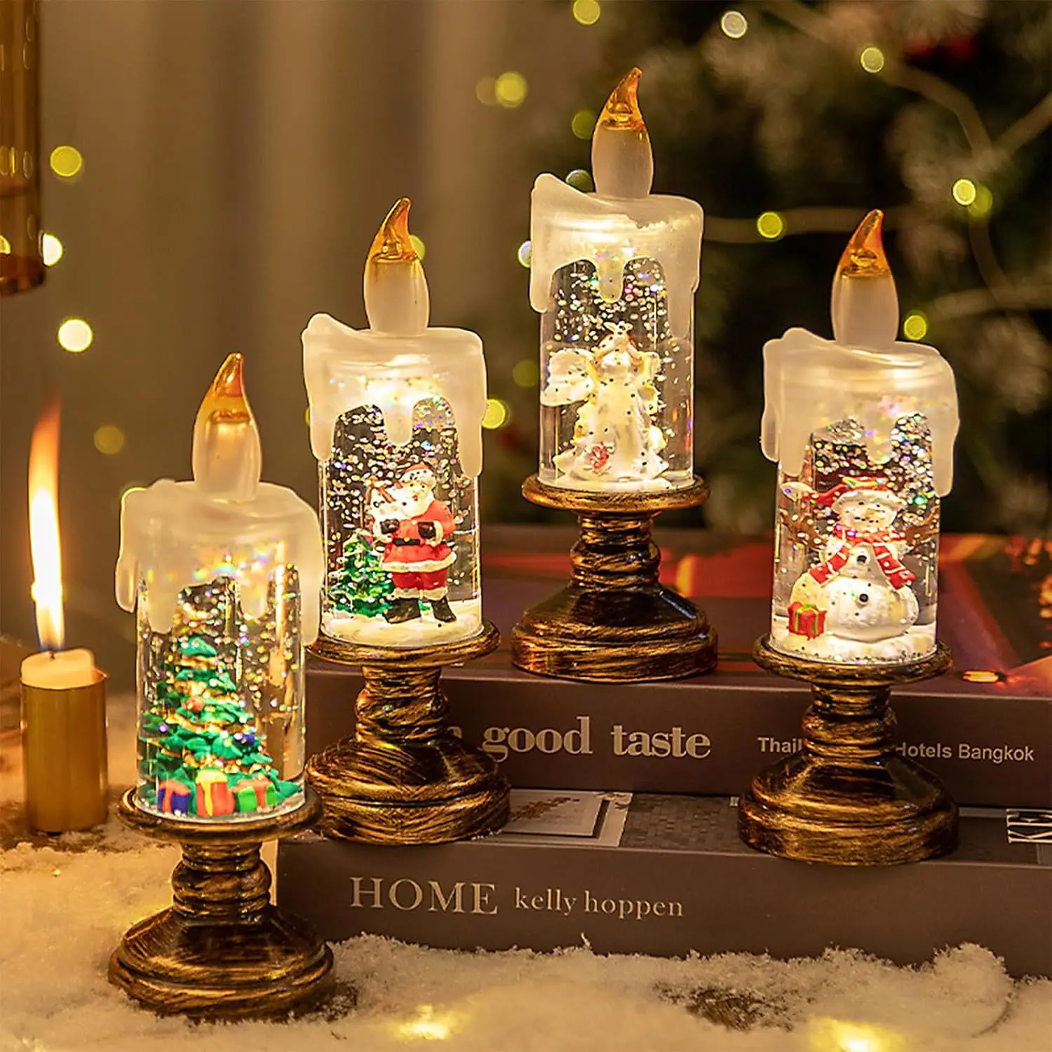 Flameless Christmas Candles with Glitter Swirl – Battery-Operated Santa Decor for Fireplace, Table & Holiday Display